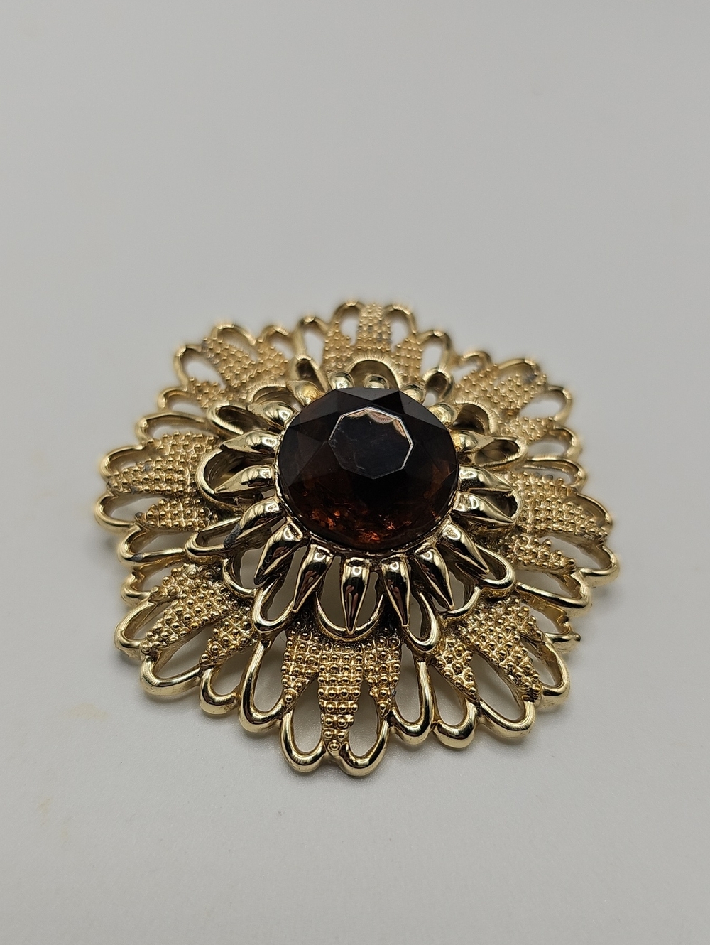 Capri Smoky Quartz Gold Tone Floral Brooch. About 2".